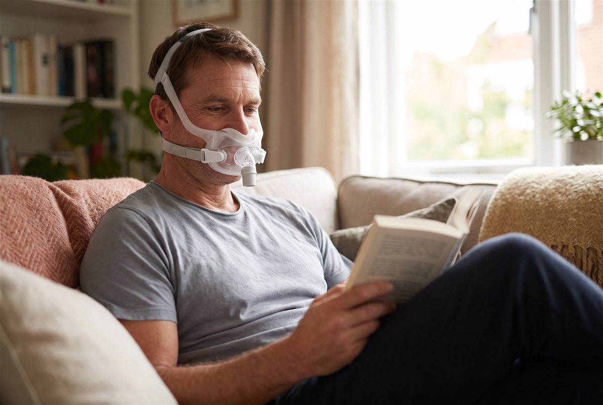 Homem sentado no sofá, de dia, a ler com a máscara de CPAP colocada — a técnica de dessensibilização